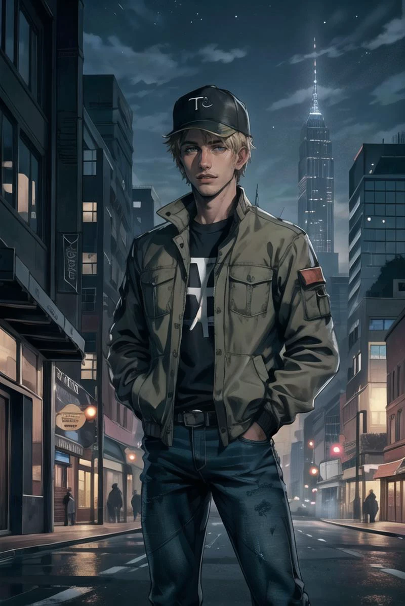(masterpiece, best quality, high quality, highres, ultra-detailed), city, scenery, night, building, sign, cityscape, pantyhose, skyscraper, street lights,
solo, 1boy, gray eyes, short Crew Cut, sand blonde hair, triangular face, looking at viewer, outdoors, hands in pockets, khaki jacket, black loose jeans, black baseball cap,
AS-Adult, Asian-Less, OverallDetail,