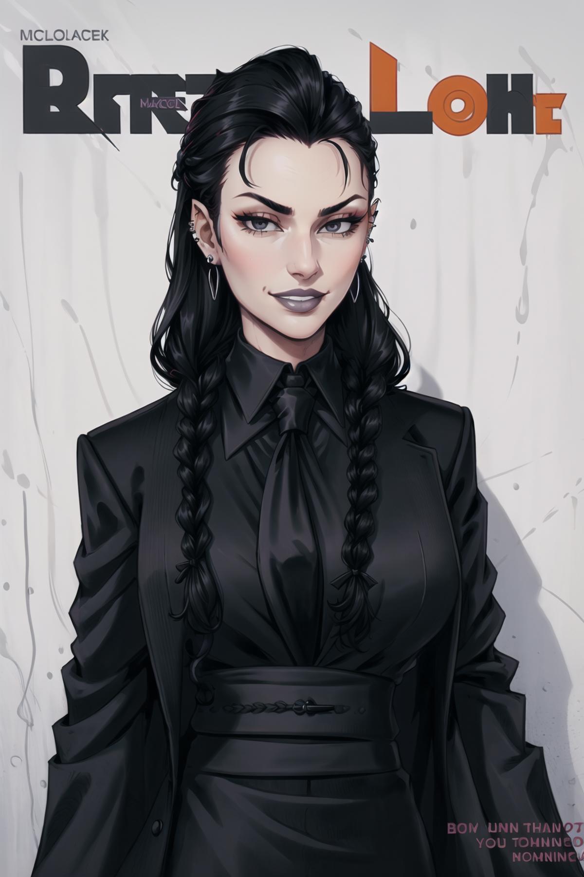 A close up of a woman in a black dress and a black jacket - SeaArt AI