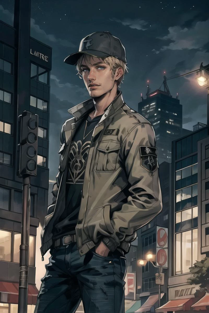 (masterpiece, best quality, high quality, highres, ultra-detailed), city, scenery, night, building, sign, cityscape, pantyhose, skyscraper, street lights,
solo, 1boy, gray eyes, short Crew Cut, sand blonde hair, triangular face, looking at viewer, outdoors, hands in pockets, khaki jacket, black loose jeans, black baseball cap,
AS-Adult, Asian-Less, OverallDetail,