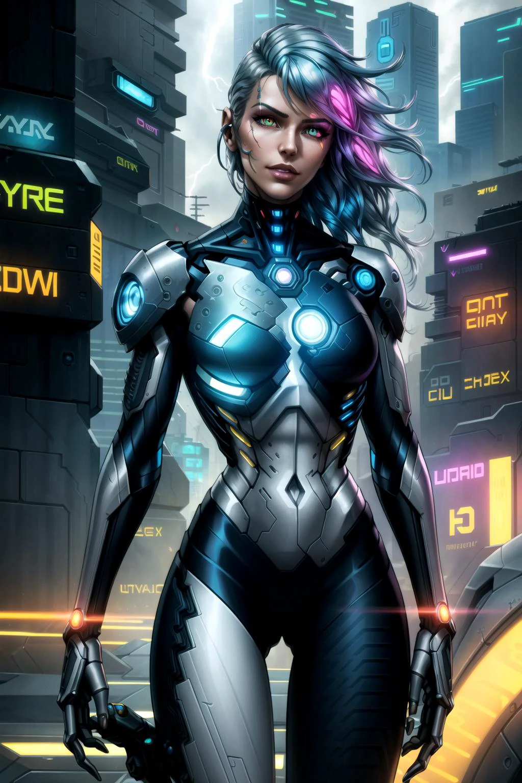 cowboy shot, cyborg woman, asymmetrical body limbs, outdoors, overcast, hdr photoshoot, daytime, utopian fantasy, detailed optic fiber hair, face, metal, vivid colors, transhumanism, neon hair, detailed background, cgi, soft smile, half [silver|yellow|[blue|black]] body