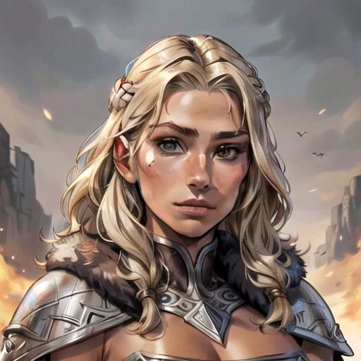 1woman, beautiful woman, Viking warrior, fur cloak, armor, blonde hair, wavy hair, (tan skin (dark 0.3) skin), (full bust, portrait shot), (solo), comic, realistic, (eye symmetry1.4) , (face symmetry1.4)