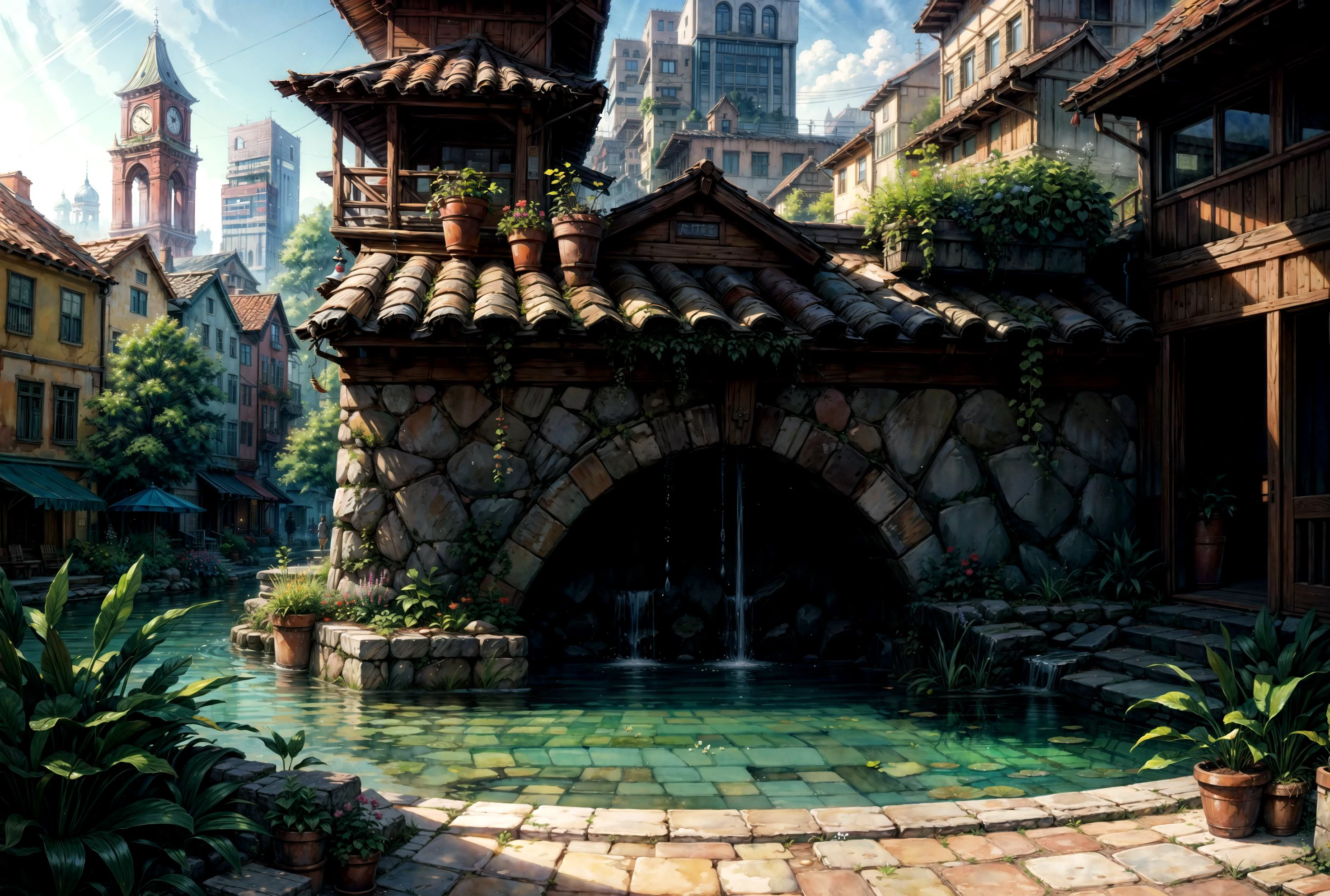 Beautiful happy picturesque charming solarpunk cultur town, city_square in harmony with nature. Beautiful light. Water and plants. Nice colour scheme, soft warm colour. Beautiful detailed watercolor by Lurid. (2022) ,
<lora:add_detail:1> <lora:epi_noiseoffset2:1>