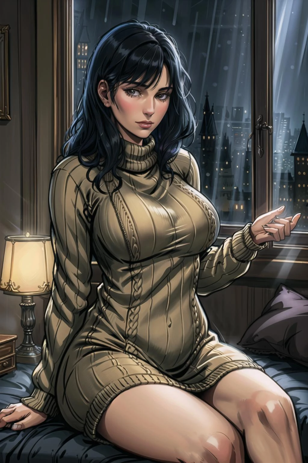 adult woman with black hair, sitting in a bedroom, intricate detailed background, at night time, warm comfy moody lighting, french windows, light ray, raining, wearing a long oversized sweater, long sleeves, detailed cloth folds, detailed cityscape night background