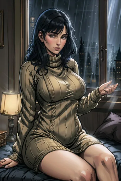 adult woman with black hair, sitting in a bedroom, intricate detailed background, at night time, warm comfy moody lighting, french windows, light ray, raining, wearing a long oversized sweater, long sleeves, detailed cloth folds, detailed cityscape night background