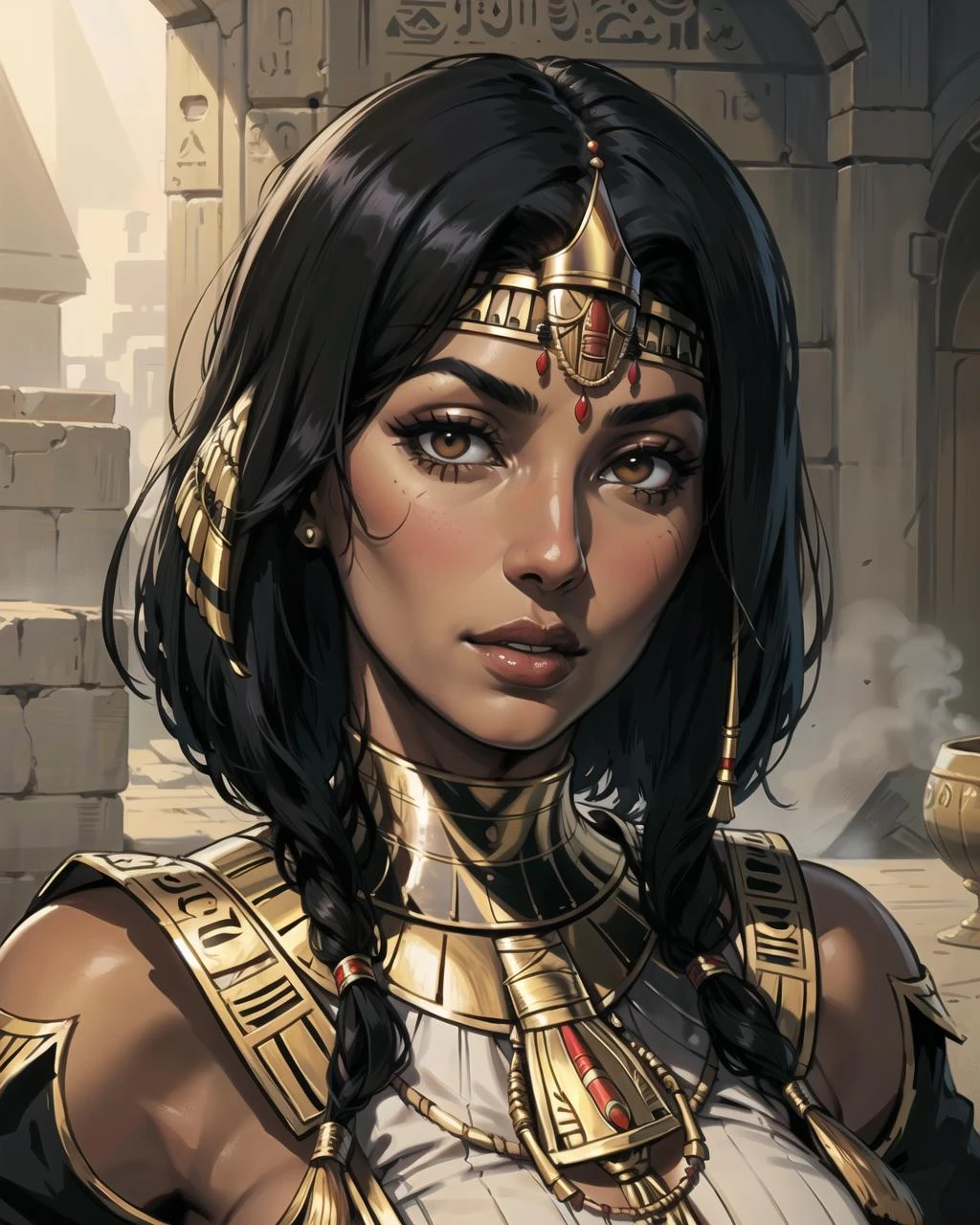 portrait, face, mature woman, Egyptian priestess, straight short egyptian hair, dark skin, realistic