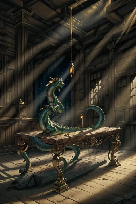 product photography, masterful photoreal painting, a long dragon figurine made of wood and glass, on an ornate wooden and gold table in an ancient ruined abandoned temple, night time, light ray, dusty, indoors, well lit, hdr