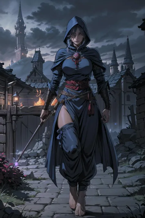 cowboy shot, a photo of a beautiful woman, as a mage, wearing a long flowing blue hood, compression sleeves, embroidered dark red baggy [harem|cargo] pants, barefoot, detailed cloth folds, torchlit, cobblestone path, foreboding castle in the background, detailed facial features, lit from underneath