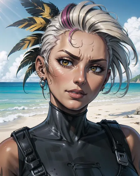 photoreal painting illustration, brush strokes, close up portrait photo shot of face, adult woman, very tanned sunburnt[ dark:0.4] skin, asymmetrical [black|red|blonde|white|blue|pink] multicolored side shaved punk feathery hairstyle, pierced lips, tight compression wetsuit,[ harness,:0.2] native american face features, head tilt, [green eyes,:0.7]at the beach, tired eyes, seductive smirking expression, big and strong angular jawline, detailed hair, rim light