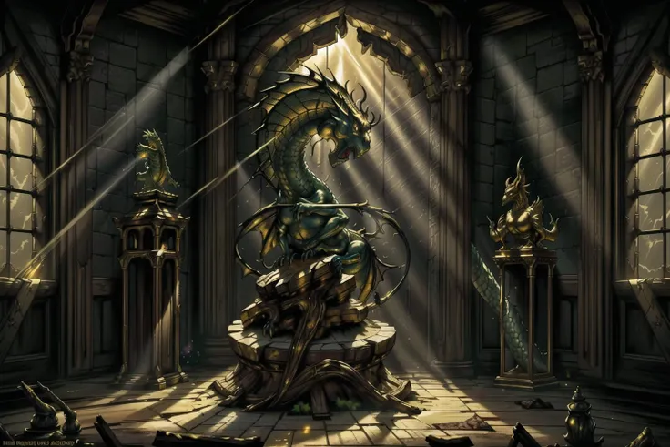 product photography, masterful photoreal painting, a long dragon figurine made of glass, on an ornate wooden and gold pedestal in an ancient ruined abandoned temple, night time, light ray, dusty, indoors, well lit, hdr