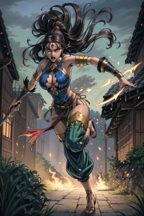 masterful photoreal painting illustration, of a beautiful medieval indian princess, dressed in [flowing robes|warrior armor], harem pants, detailed angry face, extremely long detailed black hair, pale regal brown eyes, running action pose, power stance, running with knee up, holding a magical curved dagger, wearing string strappy sandals, detailed shouting expression, pointing, in front of a burning village detailed background, nighttime, dark, dynamic action shot, foreshortened perspective