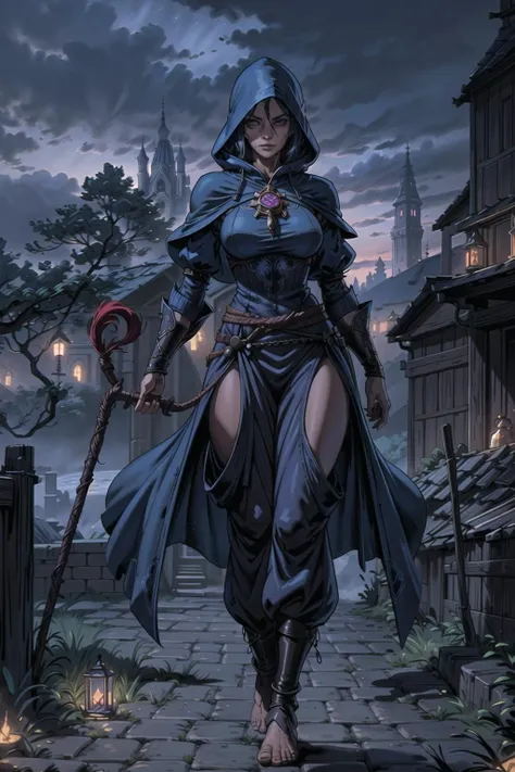 cowboy shot, a photo of a beautiful woman, as a mage, wearing a long flowing blue hood, compression sleeves, embroidered dark red baggy [cargo:harem:0.3] pants, barefoot, detailed cloth folds, torchlit, cobblestone path, foreboding castle in the background, detailed facial features, lit from underneath