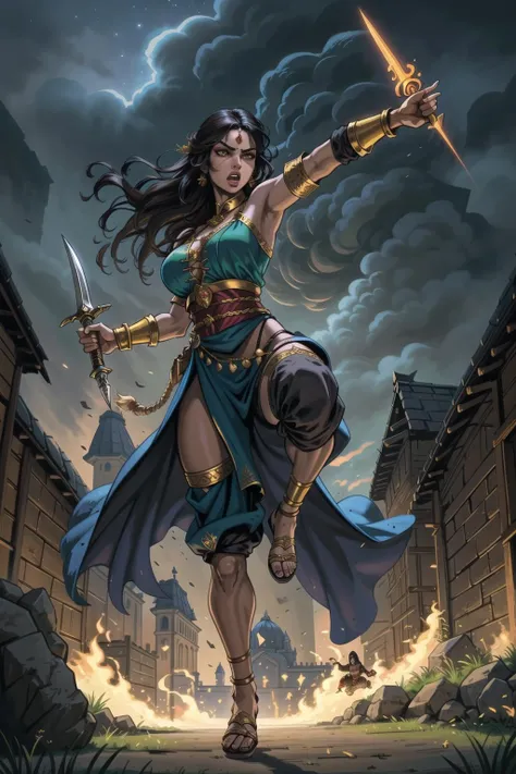 masterful photoreal painting illustration, of a beautiful medieval indian princess, dressed in [flowing robes|warrior armor], harem pants, detailed angry face, extremely long detailed black hair, pale regal brown eyes, running action pose, power stance, running with knee up, holding a magical curved dagger, wearing string strappy sandals, detailed shouting expression, pointing, in front of a burning village detailed background, nighttime, dark, dynamic action shot, foreshortened perspective