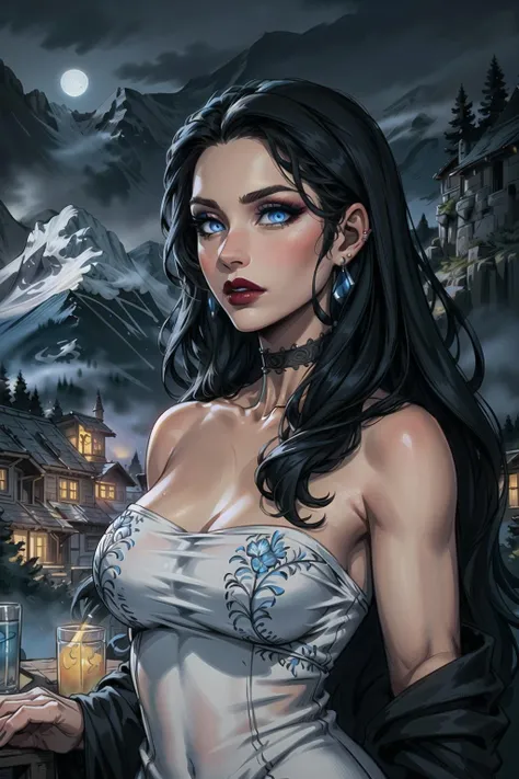 woman, solo, long hair, black hair, choker, earrings, blue eyes, jewelry, lipstick, makeup, dark, bare shoulders, alps mountains, detailed intricate background, night, upper body, formal dress, detailed [red|blue|yellow|green] embroidery, ((masterpiece))
