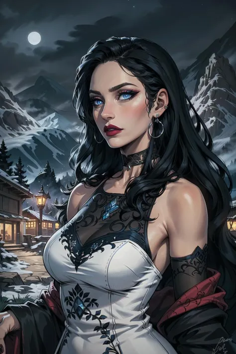 woman, solo, long hair, black hair, choker, earrings, blue eyes, jewelry, lipstick, makeup, dark, bare shoulders, alps mountains, detailed intricate background, night, upper body, formal dress, detailed [red|blue|yellow|green] embroidery, ((masterpiece))