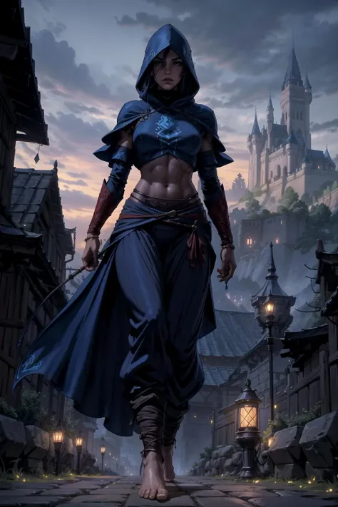 cowboy shot, a photo of a beautiful woman, as a mage, wearing a long flowing blue hood, compression sleeves, embroidered dark red baggy [cargo:harem:0.3] pants, barefoot, detailed cloth folds, torchlit, cobblestone path, foreboding castle in the background, detailed facial features, lit from underneath, ground camera, from below, walking, [abs::0.3]