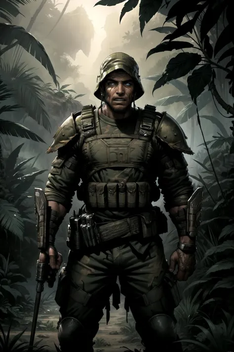 painting, intricate, best quality, an adult [rugged:0.4] soldier with a surprised look, scared, eyes wide, detailed face, gritting teeth, jungle background, riot gear, stun baton, hdr, low contrast