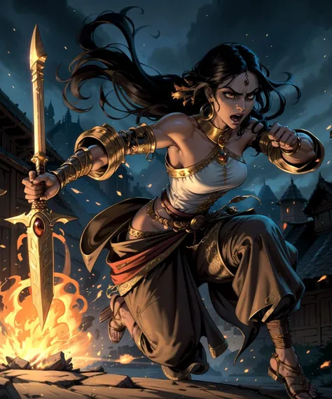 masterful photoreal painting illustration, of a beautiful medieval indian princess, dressed in [flowing robes|warrior armor], harem pants, detailed angry face, extremely long detailed black hair, pale regal brown eyes, running action pose, power stance, running with knee up, holding a magical curved dagger, wearing string sandals, detailed shouting expression, pointing, in front of a burning village detailed background, nighttime, dark, dynamic action shot, foreshortened perspective