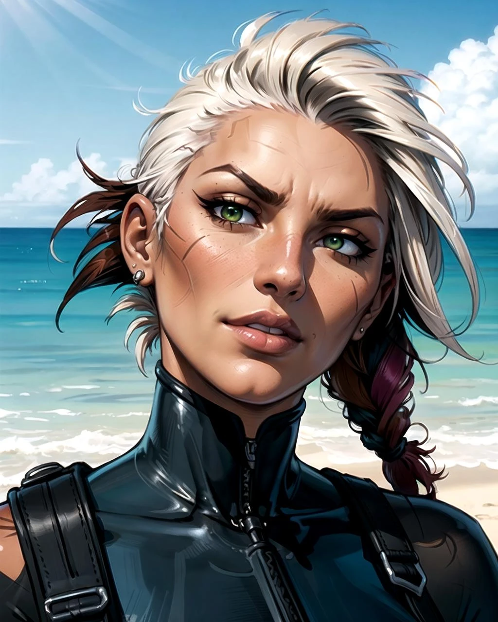 photoreal painting illustration, brush strokes, close up portrait photo shot of face, adult woman, very tanned sunburnt [dark:0.2] skin, [green eyes,:0.3] asymmetrical [black|red|blonde|white|blue|pink] multicolored side shaved punk hairstyle, feathery hair, pierced lips, tight full neck compression wetsuit,[with detailed [leather :0.6]harness and neck attachment,:0.2] native american face features, head tilt, at the beach, tired eyes, seductive smirking expression, big and strong angular jawline, detailed hair, rim light, furrowed brow