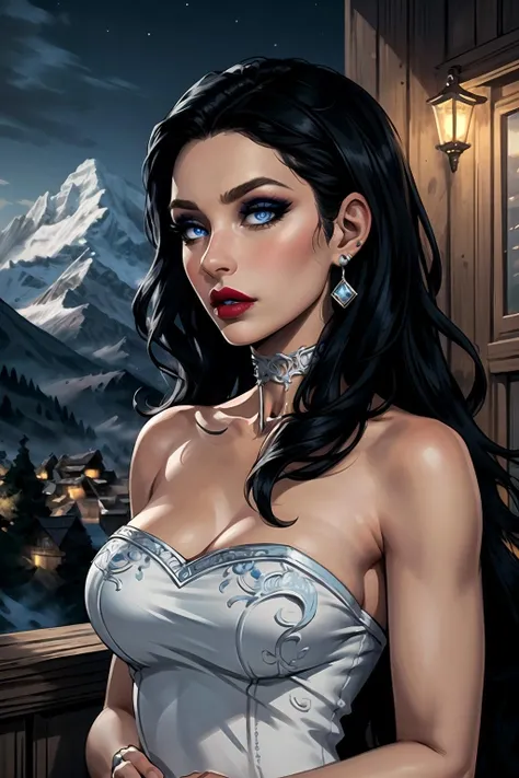 woman, solo, long hair, close up, black hair, choker, earrings, blue eyes, jewelry, lipstick, makeup, dark, bare shoulders, alps mountains, detailed intricate background, night, upper body, strapless white formal dress, detailed intricate [red|blue|yellow|green] embroidery, ((masterpiece))