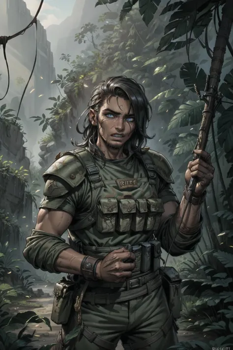 painting, intricate, best quality, a [rugged:0.4] soldier with a surprised look, scared, eyes wide, detailed face, gritting teeth, jungle background, riot gear