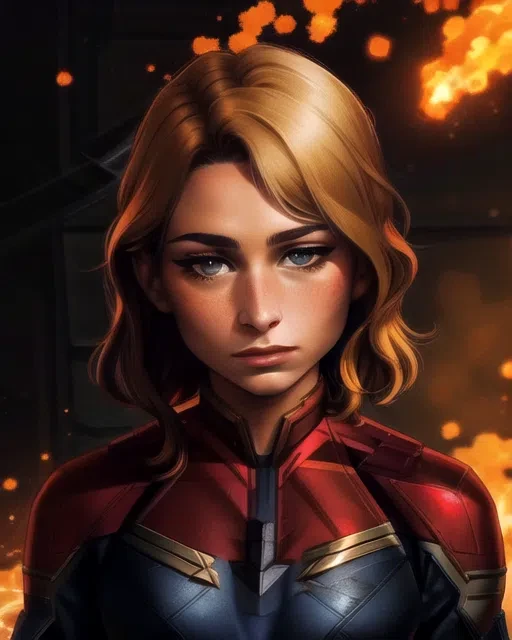 portrait, captain marvel, battlefield, fire, debris, well lit, french twist hair
0: confident expression, eyes looking to the side
24: looking to the side, side view, (smirking expression) smile