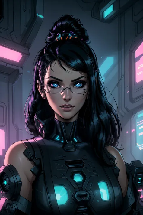 close up, face, a cyberpunk girl, wearing blocky neon [thick tinted glasses|holographic visor], cyberpunk, detailed black hair, golden ratio details, fantasy, cyberpunk, intricate, decadent, professional comic book style, ever after high, artstation, concept art, smooth, sharp focus, illustration, (heartwarming, uplifting, charming), (masterpiece, detailed eyes, detailed face, highest quality), (light leaks, subsurface scattering, rim light, beautiful lighting and shading, bloom, deep background, vibrant complementary colors, sharp focus)