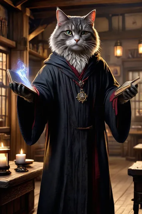 a fullbody shot of a fantasy Cat wearing robe, casting black magic spells with one hand and holdin magic spellbook in one hand, fantasy tavern in background, HKMagic, HD, masterpiece, best quality, hyper detailed, ultra detailed, super realistic