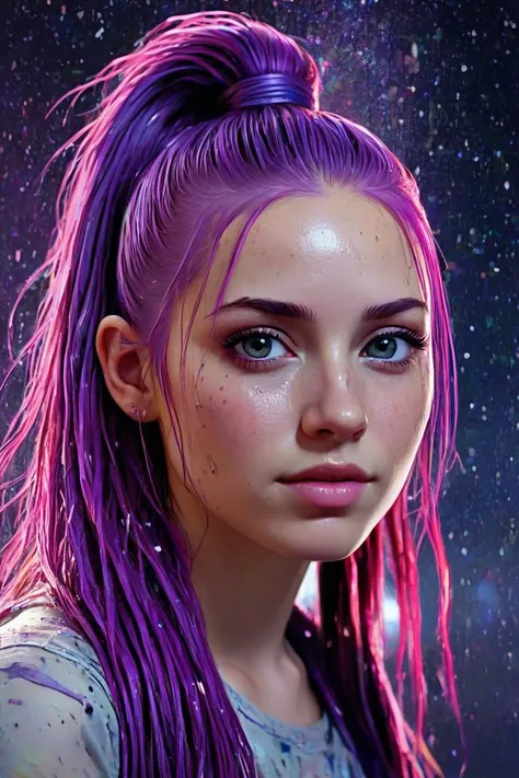 (masterpiece), 8k, very wide shot, volumetrics dtx, portrait, melting into a magical puddle of stars, beautiful eyes, (dreadlocks:0.5) in a ponytail, (Violet head:1), vibrant colors, highly detailed, watercolor sketch in artistic style, large strokes, finalized with ink, fine lines