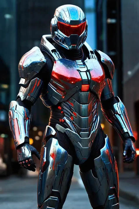 Man, futuristic armor, full body, deep Space, space armor suit, armor, style armor (smooth armor: 2.00) blu and red lights, gray and light blue metal chromed armor, red and blue lights, metal armor, diffusion (particles: 1.25) lights on armor, smooth helmet, grey metal chromed armor, aggressive looking, epic helmet, aggressive helmet, Eva helmet, galaxy, city closed street background