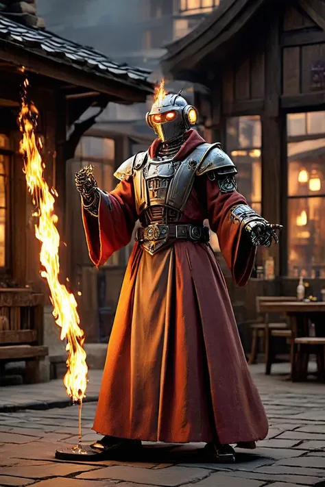 a fullbody shot of a fantasy Robot wearing robe, casting fire magic spells, fantasy tavern in background, HKMagic, HD, masterpiece, best quality, hyper detailed, ultra detailed, super realistic