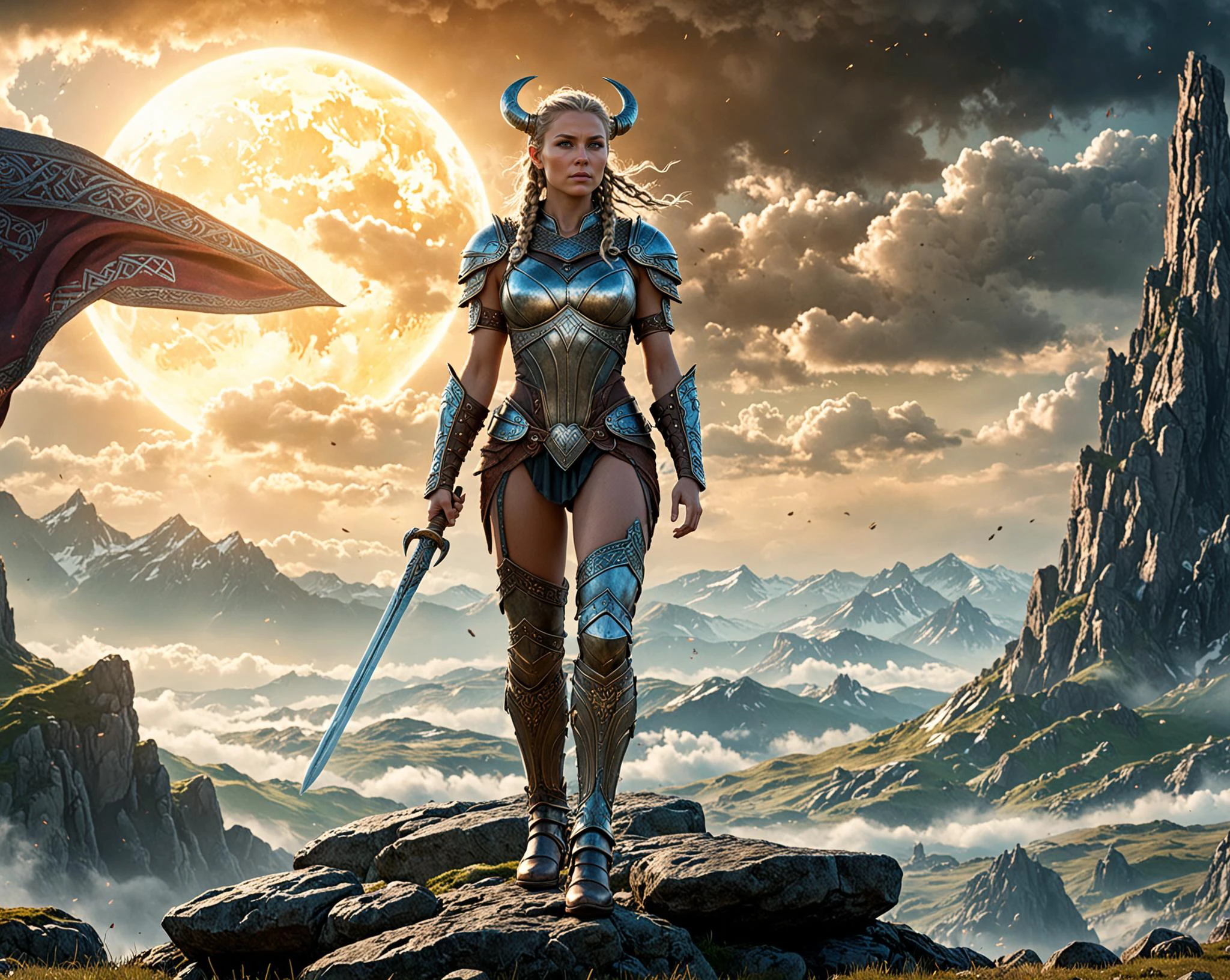 Alien-themed ethereal fantasy concept art of (masterpiece, best quality, highres:1.2), (photorealistic:1.2) female viking warrior standing proudly on a hill, ultrarealistic, magnificent, celestial, ethereal, painterly, epic, majestic, magical, fantasy art, cover art, dreamy ziprealism . Extraterrestrial, cosmic, otherworldly, mysterious, sci-fi, highly detailed