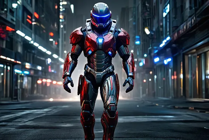 Man, futuristic armor, full body, deep Space, space armor suit, armor, style armor (smooth armor: 2.00) blu and red lights, gray and light blue metal chromed armor, red and blue lights, metal armor, diffusion (particles: 1.25) lights on armor, smooth helmet, grey metal chromed armor, aggressive looking, epic helmet, aggressive helmet, Eva helmet, galaxy, city closed street background