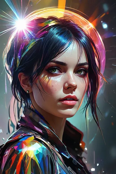 woman of Crystal, Temporal Rift, Lens Flare in Russ Mills style, Psychedelic, Luminous, masterpiece, trending on artstation, Rainbow, colorful and vibrant, Complimentary-Colors, high quality, imagination, 8k, fantasy art, vivid magical colors