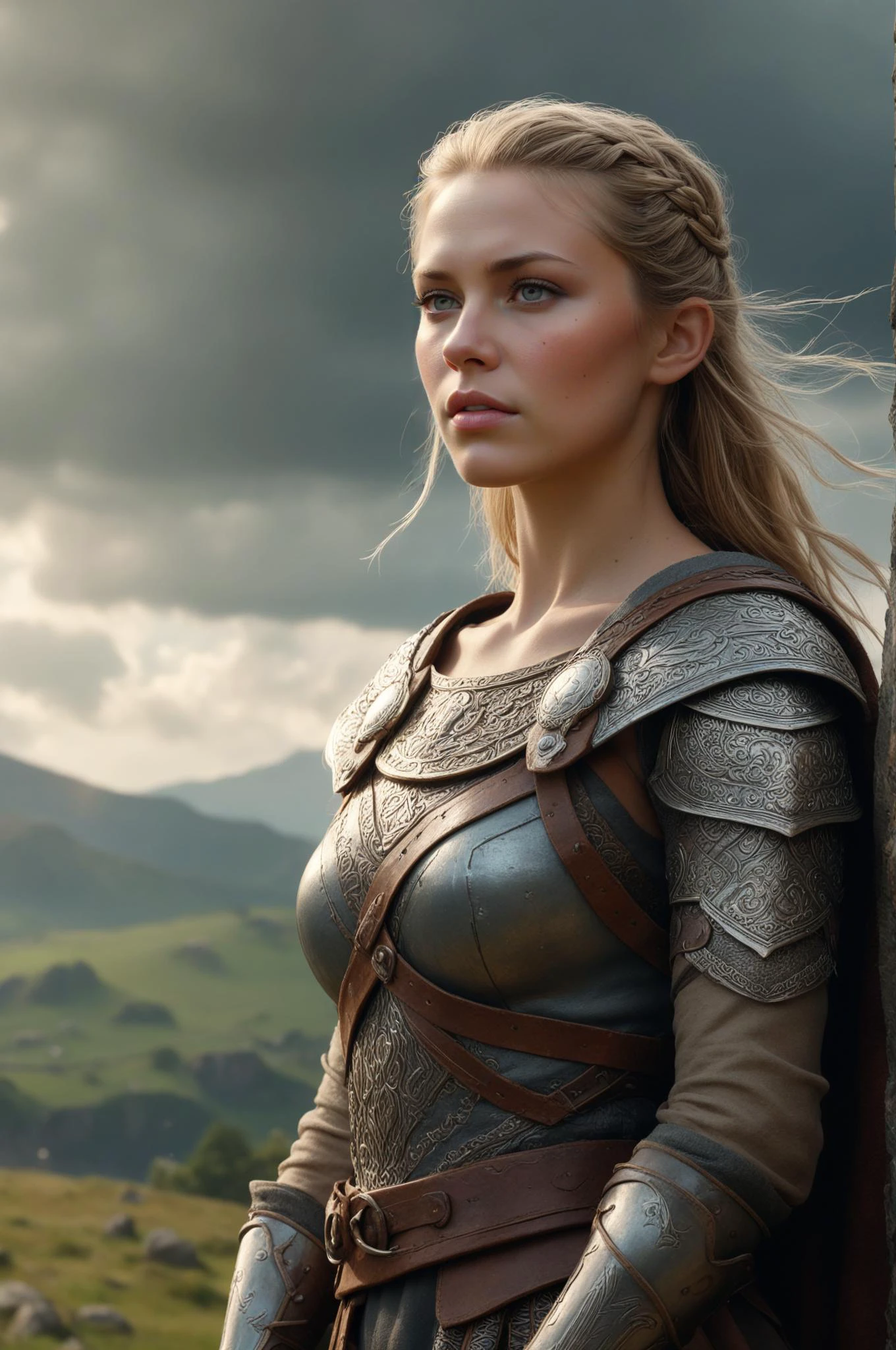 Surrealist art ethereal fantasy concept art of (masterpiece, best quality, highres:1.2), (photorealistic:1.2) female viking warrior standing proudly on a hill, ultrarealistic, magnificent, celestial, ethereal, painterly, epic, majestic, magical, fantasy art, cover art, dreamy ziprealism . Dreamlike, mysterious, provocative, symbolic, intricate, detailed