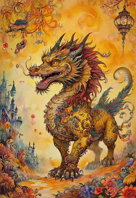 chimera with terrifying presence, in an vibrant colored enchanted wonderland, magical, whimsical, fantasy art concept, steampunk, intricate details, best quality, masterpiece, ultra sharp, yellow theme background <lora:Ath_ink-painting_XL:0.8> traditional eastern ink-painting of , ink and wash