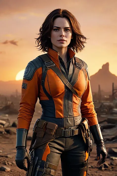 Photorealistic rendering of Koh_HayleyAtwell in his iconic outfit, high-quality CG art by ArtStation's top artists, (post-apocalyptic setting), (dramatic orange sky), (attention to lighting:1.3), (hyper-realistic rendering:1.2), great attention to detailing hair and props, inspired by the works of James Cameron and Akira Toriyama, artfully composed with a focus on character's strength, trending on social media and CG communities