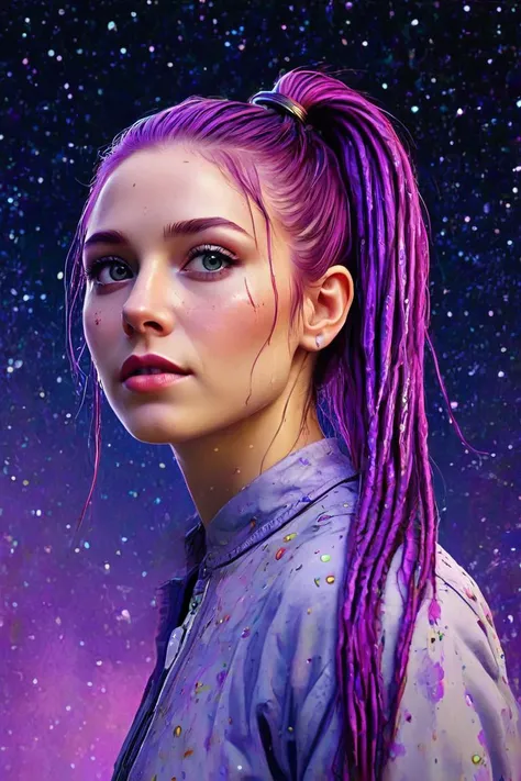 (masterpiece), 8k, very wide shot, volumetrics dtx, portrait, melting into a magical puddle of stars, beautiful eyes, (dreadlocks:0.5) in a ponytail, (Violet head:1), vibrant colors, highly detailed, watercolor sketch in artistic style, large strokes, finalized with ink, fine lines