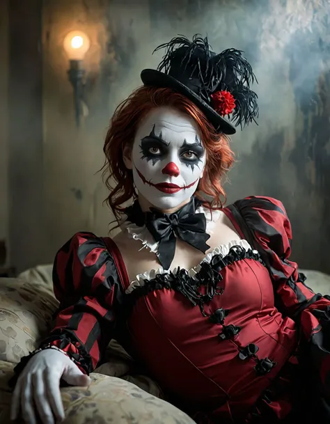 A place with a morbid look that resembles a funeral, (foggy:1.2), silhouetted in soft shadow (full body photograph:1.2) (Tango colored clown outfit:1.3) (beautiful supermodel:1.1) laying on her side detailed background bokeh <lora:add-detail-xl:1>