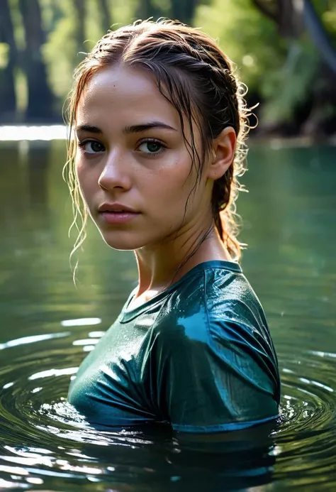 Create a captivating movie still or 4K photo capturing a soaking wet 20-year-old female with Soft breasts, Ugandan descent, and Pine Green coloured French braid wet hair. She wears a wet skimpy ripped Teal coloured (wet t-shirt:1.7), with detailed reflections and a detailed face. The scene is set against an epic lake background, with the woman submerged waist-deep in a _crystal-clear river:1.6). Beneath the surface her body is visible, the sun shines through the trees, casting reflections on the water's surface.