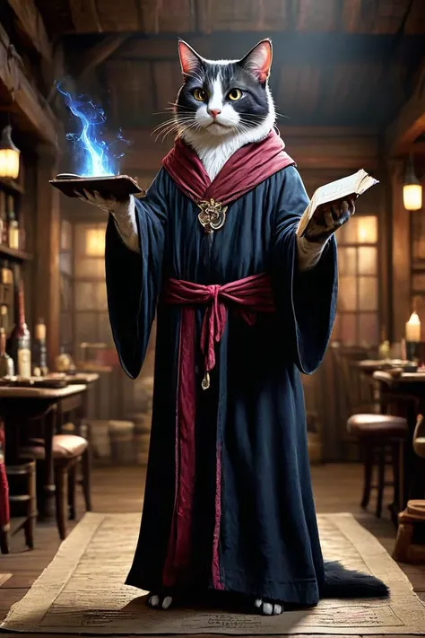 a fullbody shot of a fantasy Cat wearing robe, casting black magic spells with one hand and holdin magic spellbook in one hand, fantasy tavern in background, HKMagic, HD, masterpiece, best quality, hyper detailed, ultra detailed, super realistic