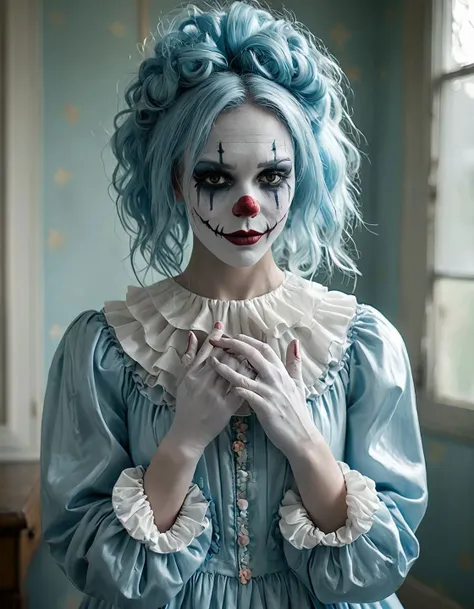 A place with a morbid look that resembles a funeral, (foggy:1.2), silhouetted in soft shadow (full body photograph:1.2) (Pastel Blue colored clown outfit:1.3) (beautiful supermodel:1.1) hands in her hair detailed background bokeh <lora:add-detail-xl:1>