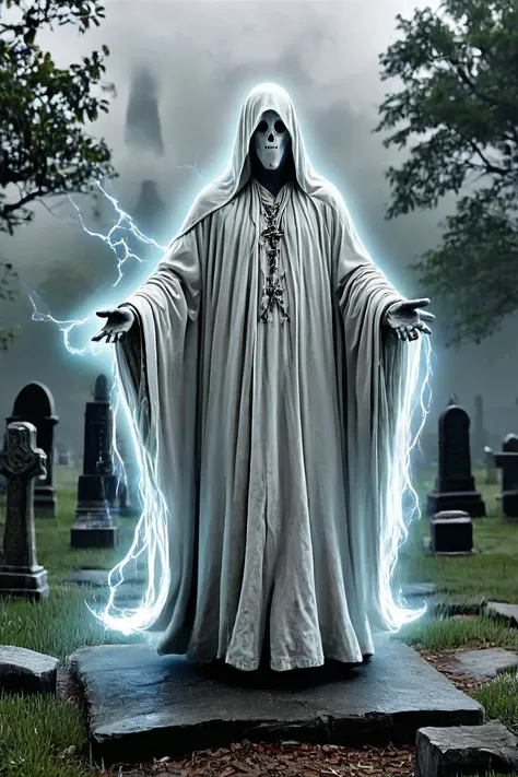 a fullbody shot of a ghost, casting thunder magic spells, graveyard in background, HKMagic, HD, masterpiece, best quality, hyper detailed, ultra detailed, super realistic