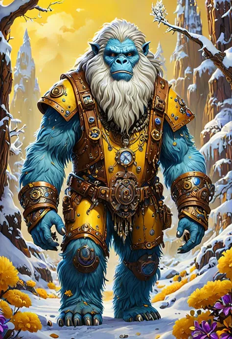 yeti with mysterious existence, in an vibrant colored enchanted wonderland, magical, whimsical, fantasy art concept, steampunk, intricate details, best quality, masterpiece, ultra sharp, yellow theme background,