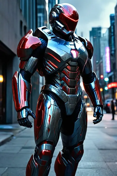 Man, futuristic armor, full body, deep Space, space armor suit, armor, style armor (smooth armor: 2.00) blu and red lights, gray and light blue metal chromed armor, red and blue lights, metal armor, diffusion (particles: 1.25) lights on armor, smooth helmet, grey metal chromed armor, aggressive looking, epic helmet, aggressive helmet, Eva helmet, galaxy, city closed street background