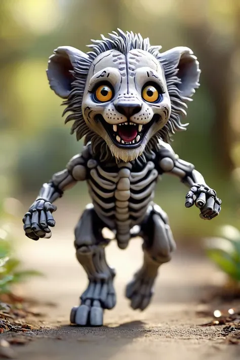 a cute grey smiling chibi skeleton lion running toward the viewer, bokeh blur background, insanely intricate details, small swipes of color, (masterpiece), breathtaking natures art work, deep shadows