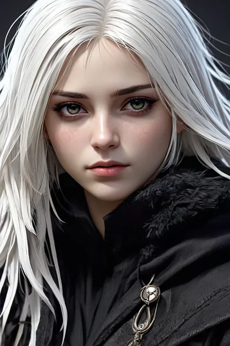 high quality, high detail, masterpiece, beautiful, (general plane ), 1 girl, large white hair, dark clothes whit dark feather details, covered eyes with a cloth dark, animeliner, desillusionRGB, portrait, sad, closeup, sci-fi, fantasy