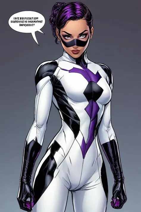 fully body image. superhero comic style. a superhero 25 year old woman. She is wearing a white and black suit that has purple highlights. Her suit is inspired by Nightwings superhero outfit. Her hair is dark brown and its up in a braid. She has a mask on