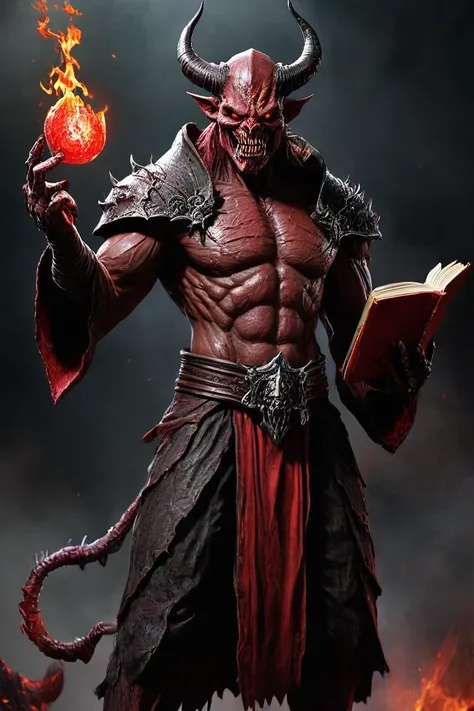 a fullbody shot of a evil fantasy demon, holding spellbook in one hand and casting red dark spells with other hand, hell in background, HKMagic, HD, masterpiece, best quality, hyper detailed, ultra detailed, super realistic