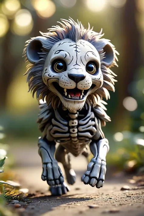 a cute grey smiling chibi skeleton lion running toward the viewer, bokeh blur background, insanely intricate details, small swipes of color, (masterpiece), breathtaking natures art work, deep shadows