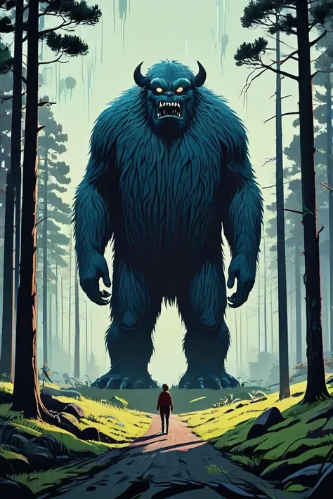 by Eyvind Earle and Simon Stålenhag, (majestic, pleasant, masterful:1.4), poster art, bold lines, hyper detailed, expressive, award winning, (monster:1.4), (intricate details, masterpiece, best quality:1.4),
bokeh, looking at viewer, dynamic pose, wide angle view